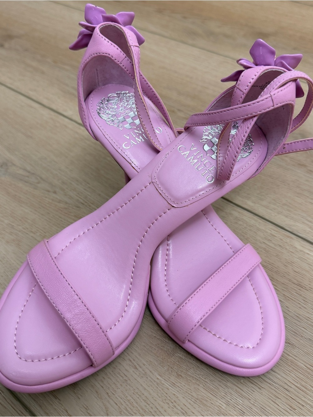 Vince Camuto Lavender Pink Floral Embellished Leather Ankle-Strap Heels - 7